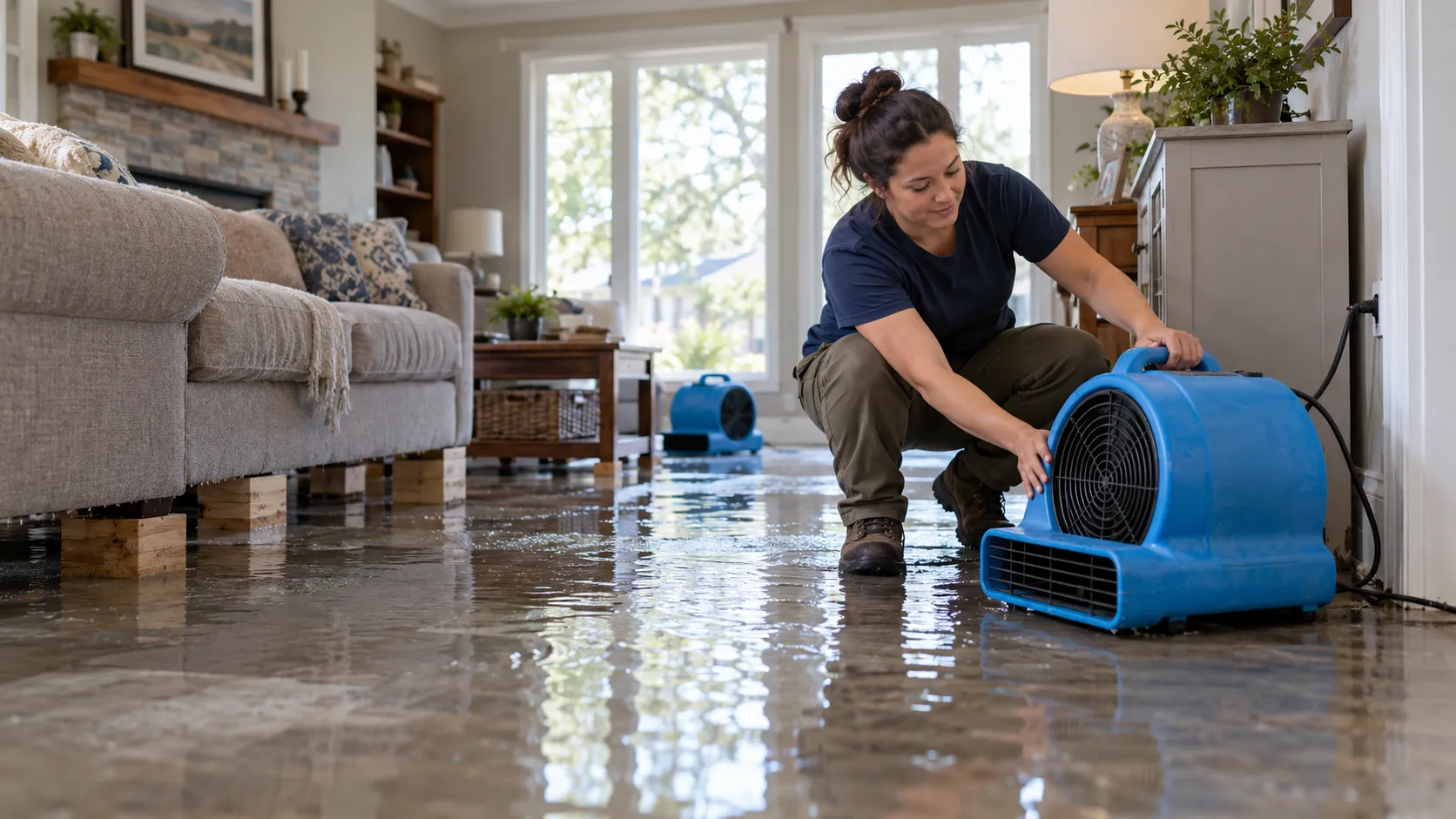 Water damage restoration technician drying a flooded living room in Toledo